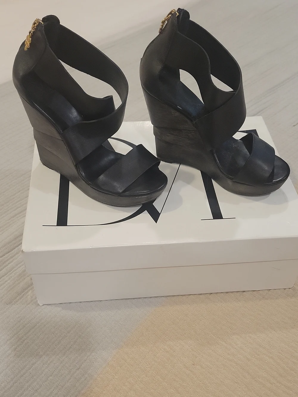 Diane Von Furstenberg Black Strappy Wedge Sandals
